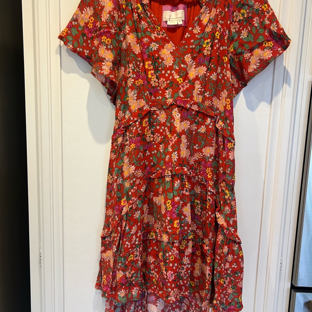 Anthropologie Red Floral, flutter sleeve, high/low midi dress. Size XS